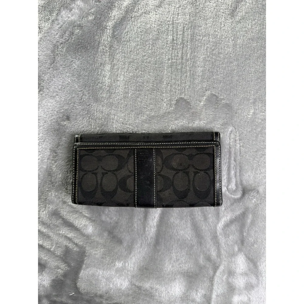 Coach Black Signature Jacquard Fabric & Leather Trim Checkbook Trifold Wallet
